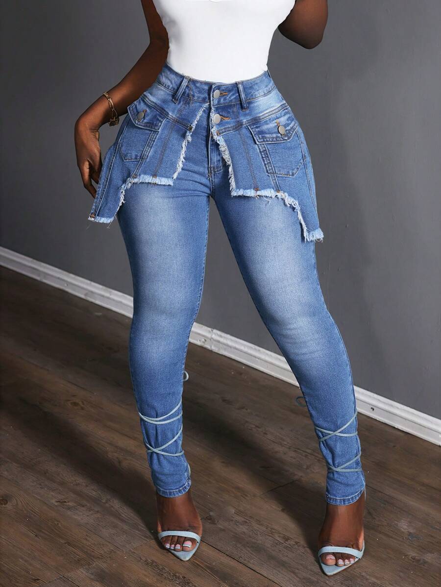 Slaydiva Street Style Patchwork 2 In 1 Skinny Jeggings For Women - Blue - View 1