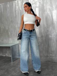 RueChic WOMEN WIDE LEG LOW WAIST JEANS HEM LACE DETAIL - Light Wash - View 6