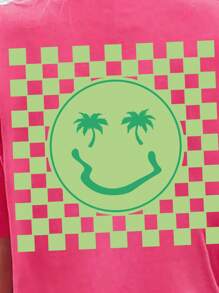 Flirla Plus Size Casual Vacation Checkerboard & Face Printed T-Shirt - Hot Pink - View 3