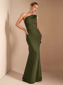SHEIN BAE 秋季优雅女士不对称领口斜肩长袖连衣裙，适合休闲、约会、夜店、派对、圣诞节 - 軍綠色 - 查看 2