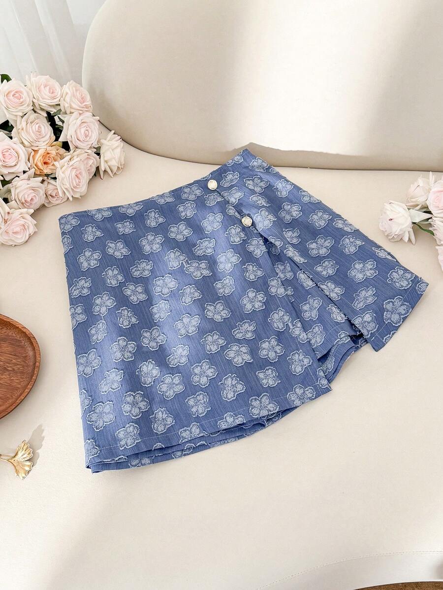 SHEIN Frenchy Plus Size Casual Resort Blue Cutout Split Skort - Blue - View 1