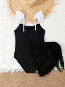 Tween 女童简约时尚休闲连体泳衣，适合日常穿着 - 黑與白 - 查看 2