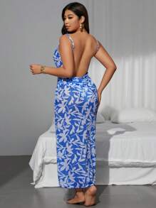 Swim Lushoire Plus Size Women Elegant Floral Pattern Adjustable Strap Cover Up Cover Up, Suitable For Beach Resort For Summer Beach Vacation - Blue - View 2