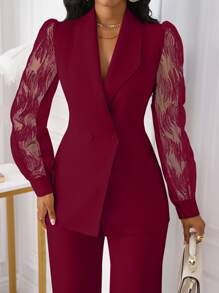 Xyvia 2pcs/Set Women's Lace Trim Button Decor Waist Fitted Top Set Fall Cloth For Women - Burgundy - View 5