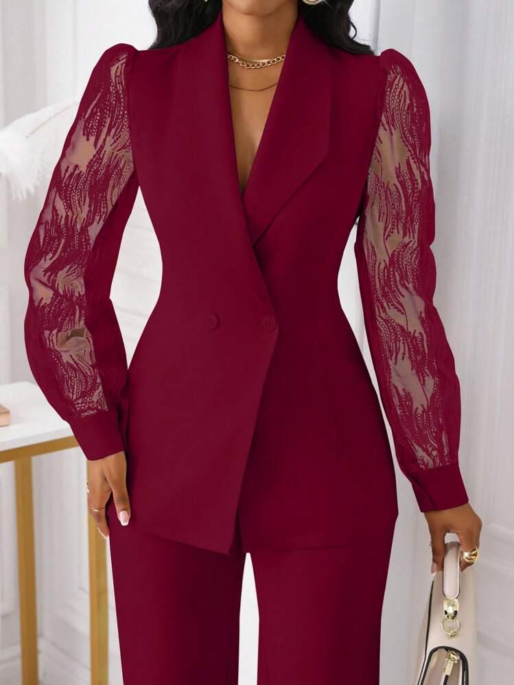 Xyvia 2pcs/Set Women's Lace Trim Button Decor Waist Fitted Top Set Fall Cloth For Women - Burgundy - View 5