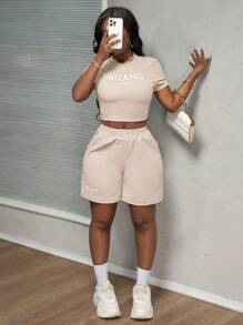 Slaydiva 新款休闲简约基本款春夏圆领短袖米兰短款T恤+四分裤运动裤蓝色纹理面料女款两件套A款夏季套装 - 杏色 - 查看 5