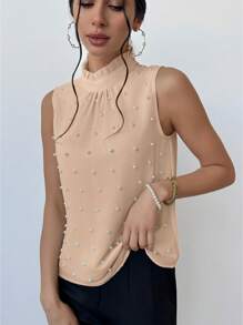 Firerie 女士泡泡袖珍珠装饰衬衫，适合婚礼季节和日期 - 卡其色 - 查看 3