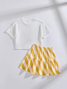 SHEIN Conjunto de 2 Peças, Camiseta com Estampa de Limão e Saia Evasê Listrada para Meninas Jovens, Verão - Multicolorido - Visão 9