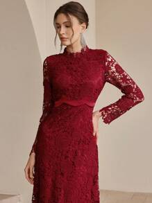 Anewsta 优雅法式玫瑰缎拼接蕾丝奢华女式连衣裙 - 酒紅色 - 查看 5