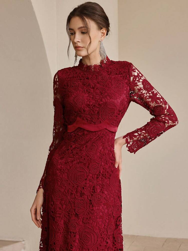 Elegant French Rose Satin Splice Lace Luxury Dress For Women