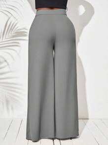 SHEIN Lady 女士纯色高腰开衩下摆宽腿宽松裤 - 灰色 - 查看 2