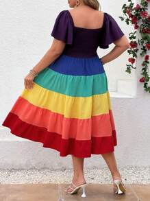 SHEIN Clasi 大码扎染荷叶边肩部荷叶边拼接拼色中长连衣裙，LGBT 彩虹 A 字裙 - 彩色 - 查看 2