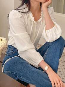 DAZY 女士纯色 V 领褶裥前扣优雅长袖衬衫，返校服装学院风上衣，秋季女装 - 杏色 - 查看 3