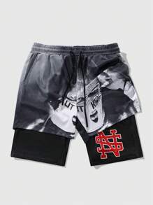 ROMWE MEN Street Life Quần short 2 trong 1 in họa tiết đường phố Y2K dành cho nam, trang phục thể thao thường ngày phù hợp cho mùa xuân và mùa hè - Xám - Xem 1