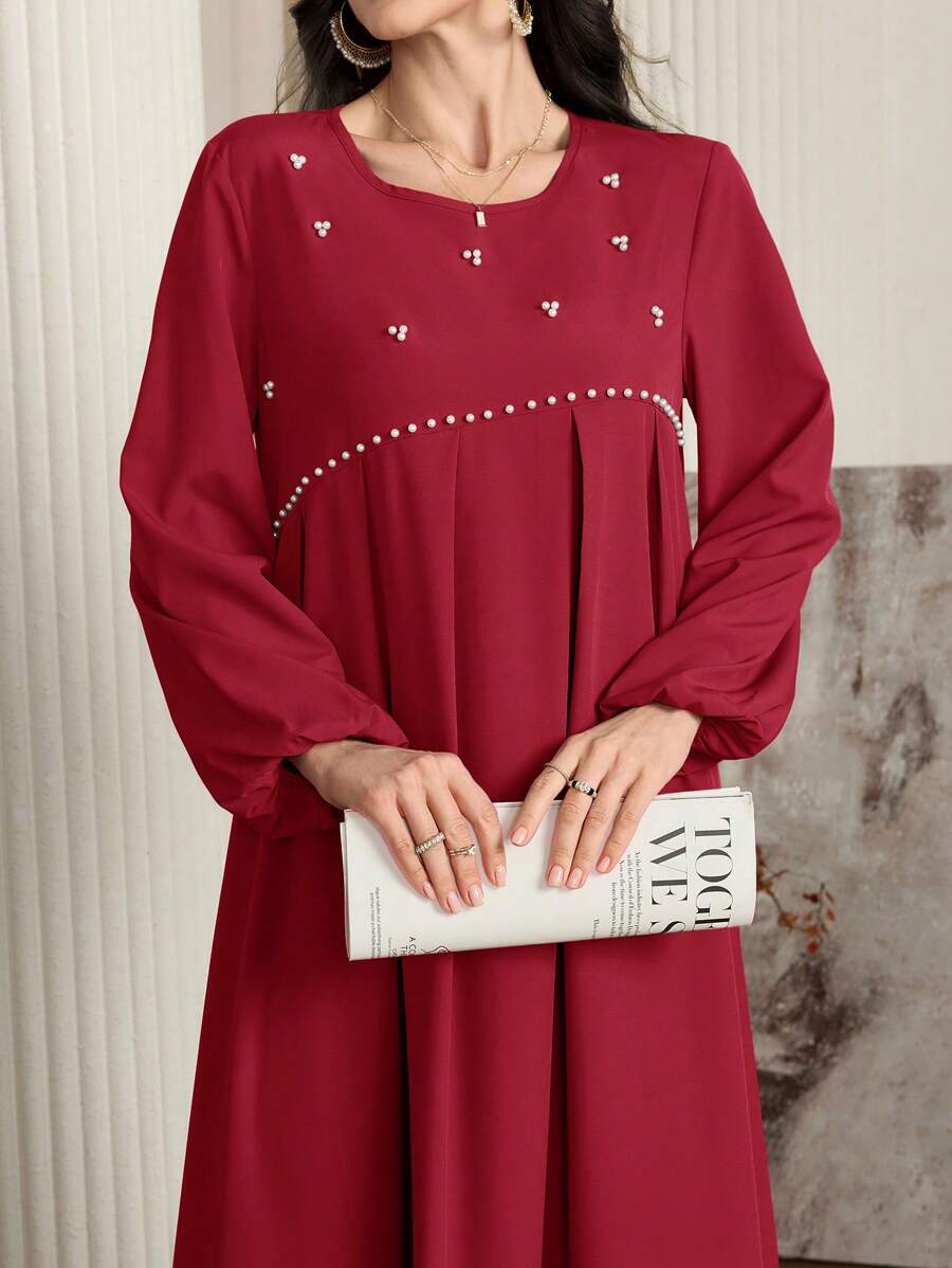 Al Najma 女式优雅长袖阿拉伯风格连衣裙，带串珠装饰，优雅 A 字型阿拉伯连衣裙，适合日常休闲