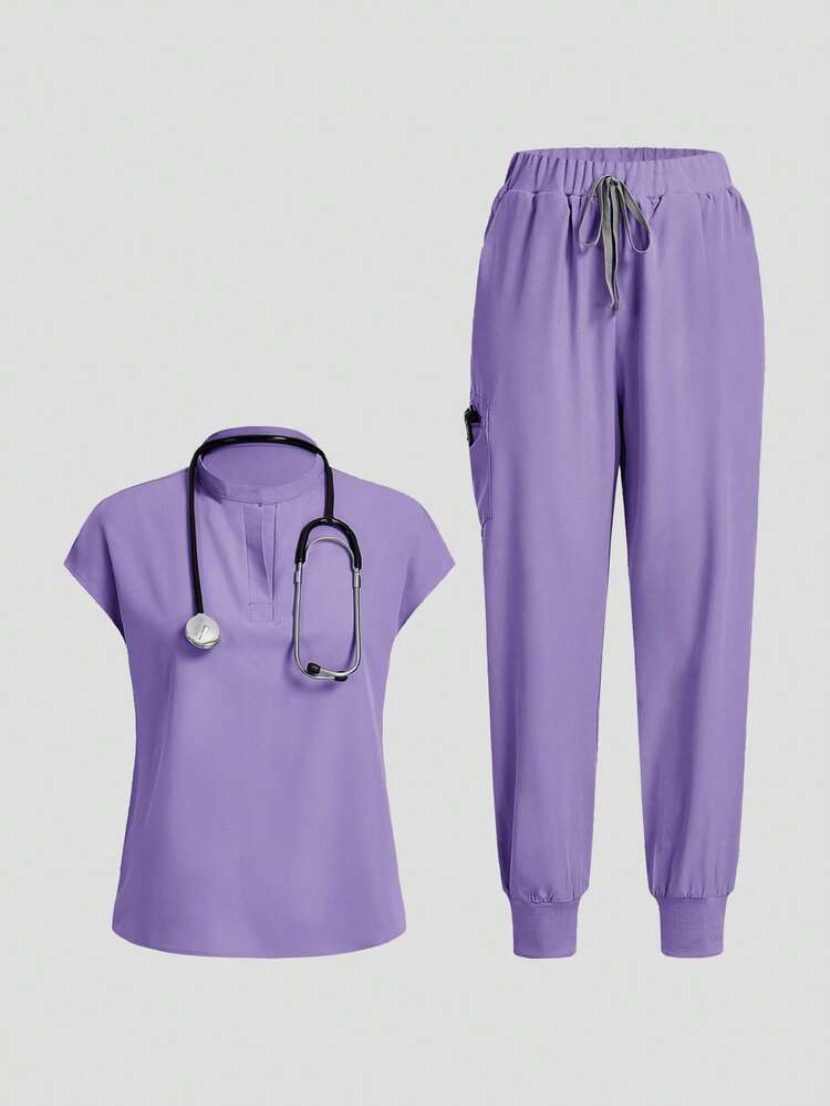 TaskEZ Solid Color Short Sleeve & Pants Scrub Uniform Set - Purple - View 11