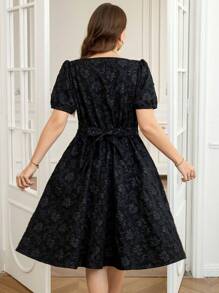 Reflora Plus Size Women's Fashion Elegant Black Square Neck Textured Fabric Short Sleeve Textured Puff Sleeve Front Button Design Waist A-Line Long Dress