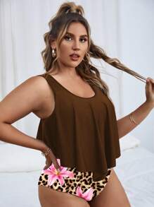 SHEIN Swim Curve 2pcs Plus Size Solid Color Backless Tank Top & Leopard Floral Print Tankini Swimwear Set For Summer Beach Vacation - Multicolor - View 4