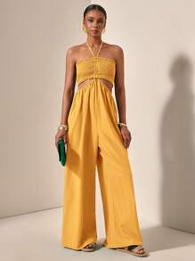Slaydiva Women's Vacation Solid Color Shirred Waist Hollow Out Halter Wide Leg Jumpsuit - Yellow - View 3