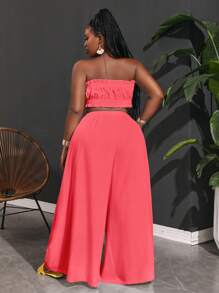 Slaydiva Damen Große Größen Oberteil mit Rüschenkanten und Paperbag Taille Weite Hose