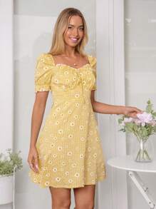 SHEIN VCAY Women's Frill Tie-Up Puff Sleeve A-Line Ditsy Floral Romantic Vacation Dress - Yellow - View 5