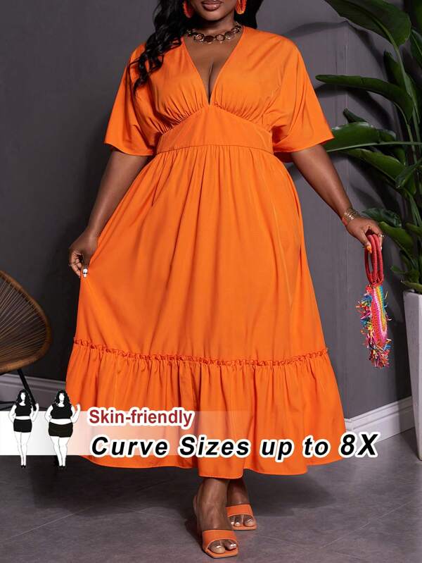 SHEIN CURVE+ Rochie portocalie de mărime mare pentru femei: rochie maxi fluidă, cu decolteu în V și tiv cu volan, perfectă pentru vacanța boho de vară