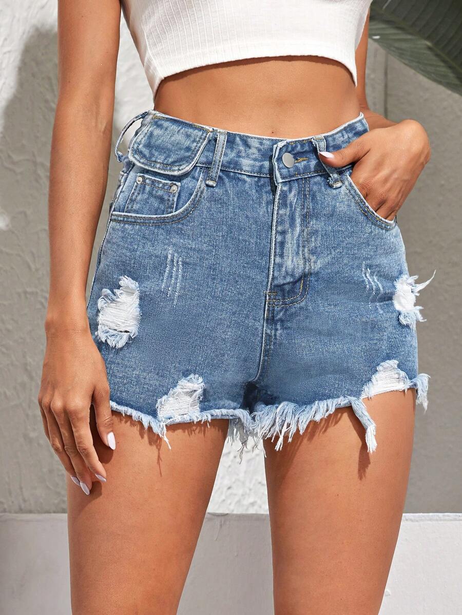 SHEIN EZwear 休闲破洞毛边牛仔短裤