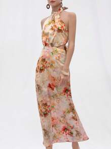 Aveloria 水彩花卉印花缎面浪漫优雅露背吊带镂空腰部设计女式连衣裙波西米亚风度假时尚风格全身印花夏季