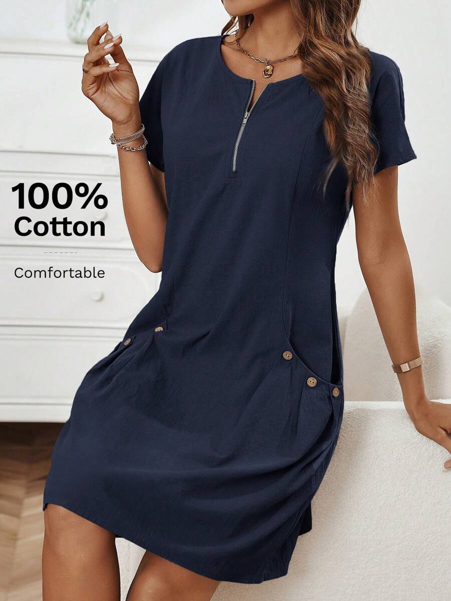 SHEIN LUNE 夏季休閒拉鍊半扣紐裝飾雙口袋短袖連衣裙 - 藏蓝色 - 查看 1