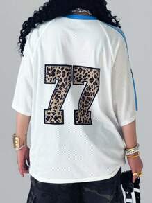 SHEIN Teen Girls Spring/Summer Streetwear Colorblock Leopard Print Number Pattern Crew Neck Short Sleeve Jersey T-Shirt,Oversized Tees - Baby Blue - View 2