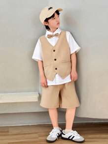 3 件套青少年男孩 2 合 1 衬衫（配领结和短裤）加渔夫帽，2 件套服装 - 彩色 - 查看 1