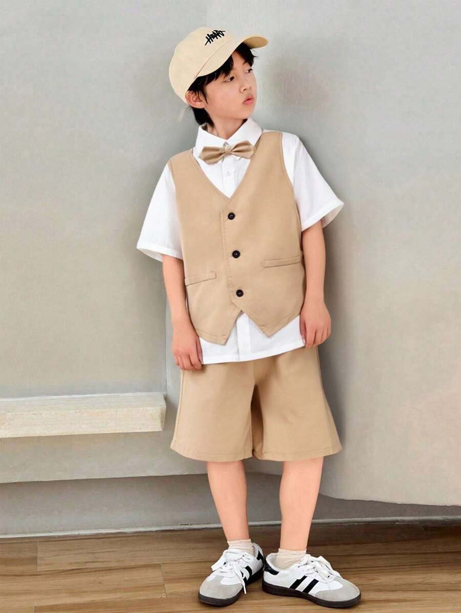 3 件套青少年男孩 2 合 1 衬衫（配领结和短裤）加渔夫帽，2 件套服装 - 彩色 - 查看 1