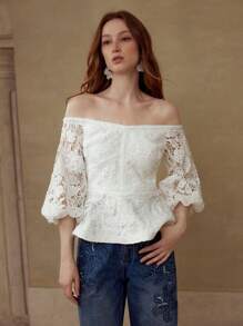 MOTF PREMIUM 露肩蕾丝衬衫 - 白色 - 查看 4