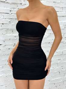 SHEIN EZwear Vestido tubo ajustado mini de mujer con empalme de malla y drapeado en unicolor - Negro - Ver 3