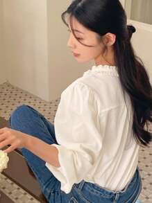 DAZY 女士纯色 V 领褶裥前扣优雅长袖衬衫，返校服装学院风上衣，秋季女装 - 杏色 - 查看 5