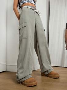 SHEIN EZwear 女式春夏 Y2K 时尚街头装工装绿色带口袋宽腿宽松降落伞裤 - 薄荷綠 - 查看 4