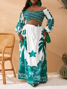 Slaydiva Plus Size Fitted Printed Long Sleeve Crossover Top, Spring Resort - Green - View 8