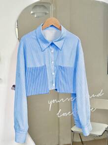 SHEIN Unity Casual Striped Patchwork 3D Pocket Button-Down Long Sleeve Shirt Fall Cloth For Women - Baby Blue - View 4