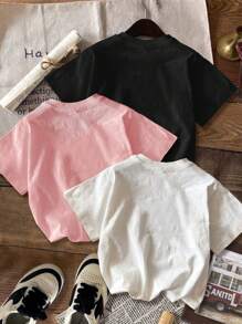 SHEIN Paquete de camisetas informales minimalistas con estampado de dibujos animados para niñas preadolescentes, aptas para el verano