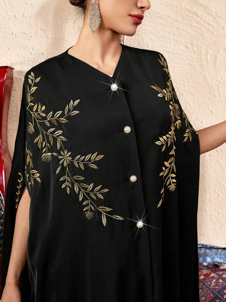 Al Najma 女士优雅花卉刺绣阿拉伯长袍，端庄长袍 - 黑色 - 查看 4