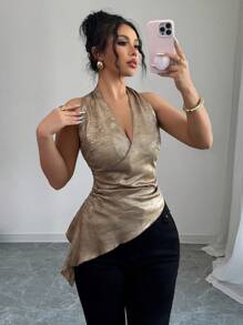 Elenzga Damen elegante Bluse mit goldfarbenem Foliendruck, tiefer V-Ausschnitt und asymmetrischem Saum, körperbetont, geeignet für Pendeln, Musikfestivals, Urlaub - Gold - Übersicht 4