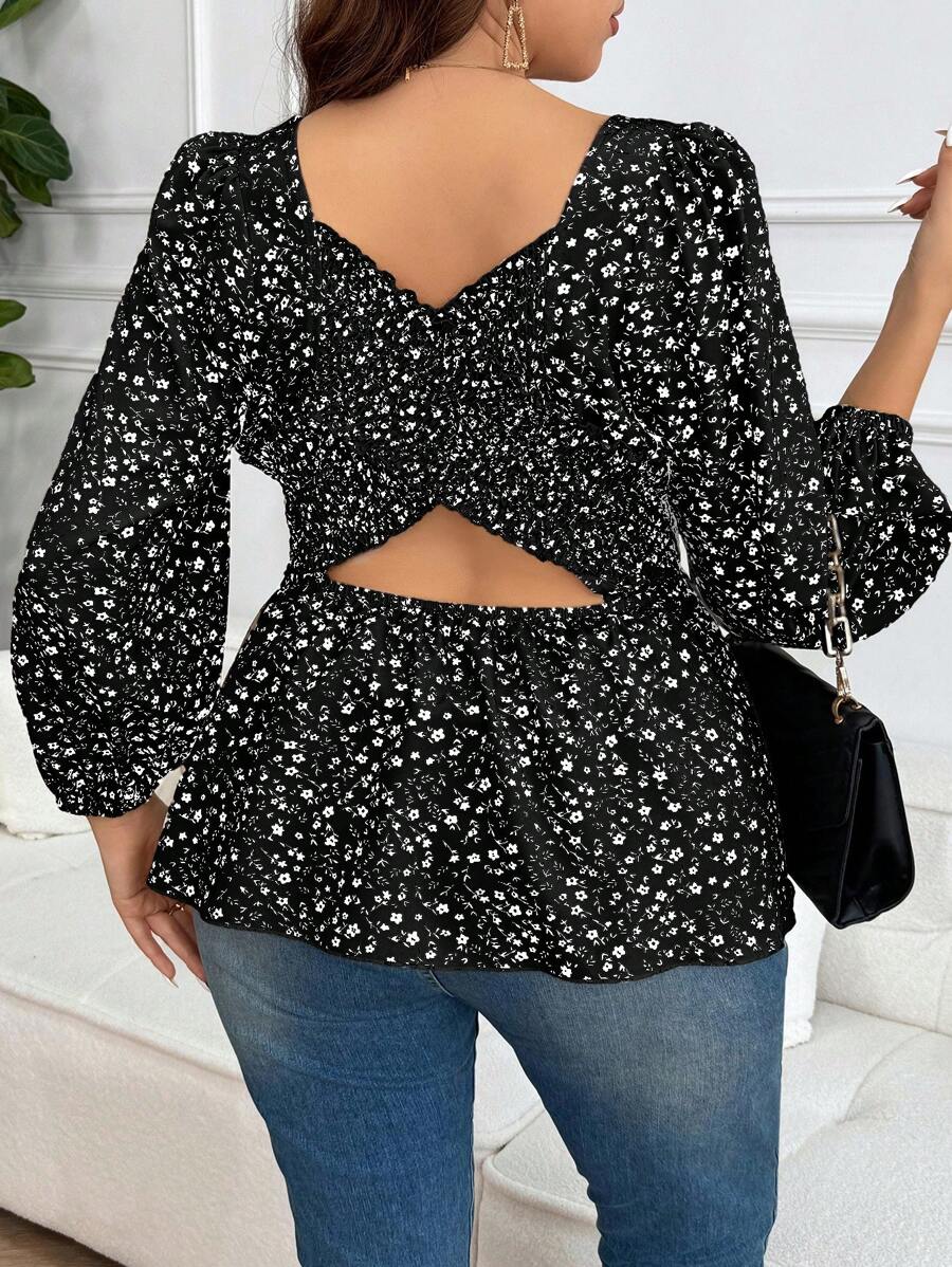 SHEIN Frenchy Plus Size Women's Ditsy Floral Apricot Color Blouse With Criss-Cross Back Design, Waisted A-Line Hem, Casual & Fashionable - Black - View 1