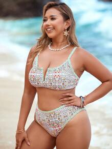 Swim Vcay Ensemble de maillot de bain imprimé 2 pièces, grande taille, maillots de bain bikini de vacances d'été pour femmes