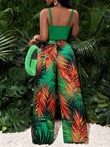 Slaydiva 2 件套休闲假日弹力吊带背心和宽松印花阔腿裤套装 - 女款 - 綠色 - 查看 2