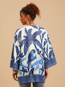 Travachic 女士梭织印花长袖宽松和服罩衫，春夏装，夏季装，沙滩装，女士西部装，春假装，女士音乐会装，波西米亚风，狂欢装，热带度假装，节日装，浪漫装，热带装 - 藍白色 - 查看 2