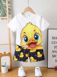 SHEIN 2 Stücke/Set Kleinkind Jungen Cartoon Gedruckt Kurzarm T-shirt Und Shorts