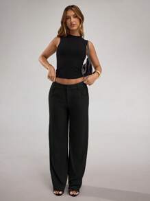 SHEIN BAE Quần ống rộng đơn giản, rộng rãi, màu vải lanh màu mơ cho nữ, cạp thấp, mặc hàng ngày, đi nghỉ và đi làm - màu đen - Xem 3