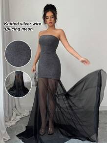 Elenzga Nouvelle robe de soirée de luxe pour femmes, robe élégante à ourlet asymétrique avec design patchwork noir - Noir - Voir 1