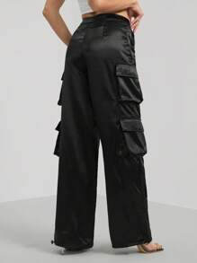 SHEIN Tall 街头服饰 春节服装 缎面工作裤 女式长裤 带 3D 口袋 - 黑色 - 查看 2