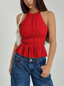 SHEIN PETITE Women's Pleated Halter Neckline Waist-Tied Backless Tank Top - Burgundy - View 10